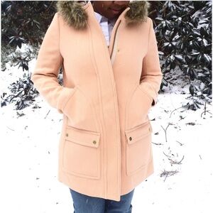 J Crew Vail Parka Coat in Blush with Faux Fur Collar
